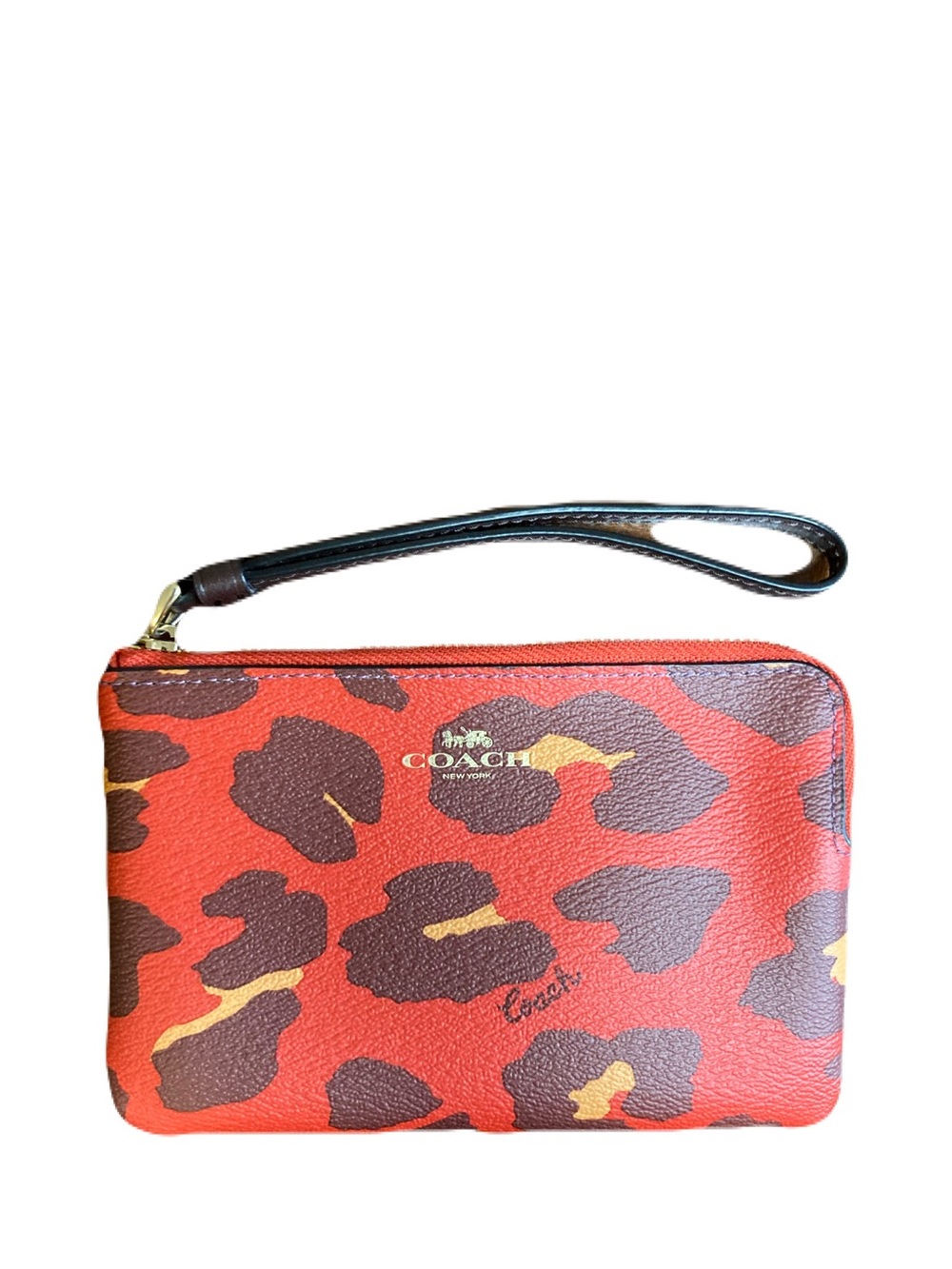 Coach Leopard Print Corner Zip Wristlet Red Coated Canvas Style 7303 NWOT